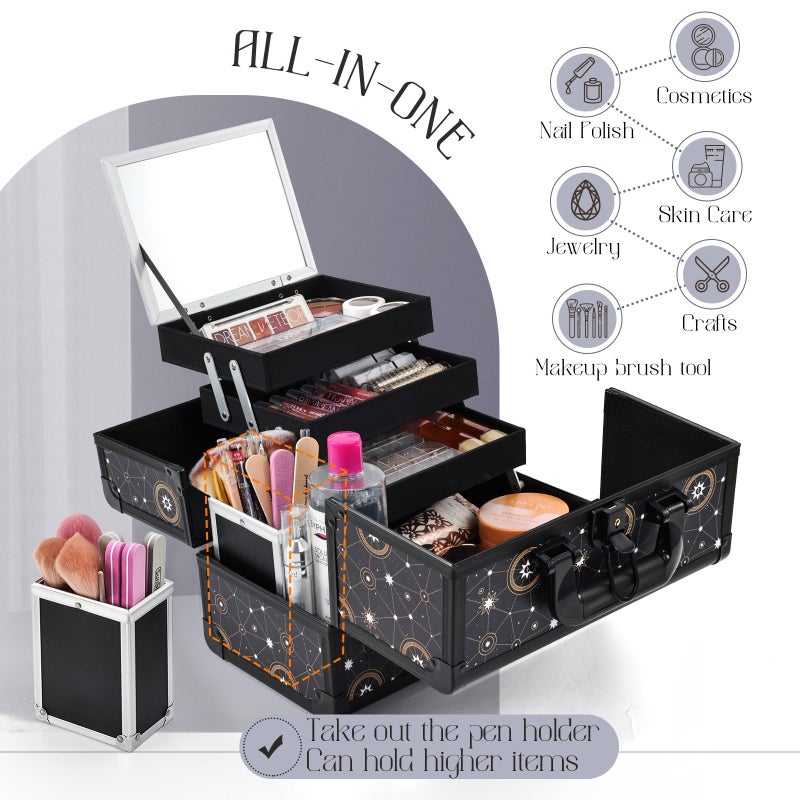Joligrace 11.8 inch Makeup Train Case Cosmetic Organizer Box Lockable with 3 Trays and a Brush Holder Pattern Collection - Star Chart - Image 3